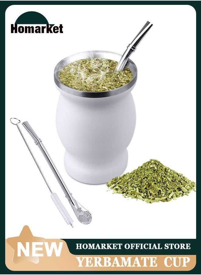 HomarKet Yerba Mate Tea Cup, Stainless Steel Double Walled Easy Wash Household Insulation Cup, Mate Gourds for Yerba Mate Loose Leaf Drinking with Bombilla Straw, White 230ML  - Image 1