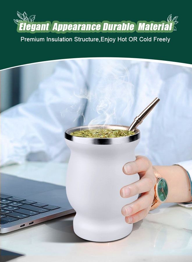 Yerba Mate Tea Cup, Stainless Steel Double Walled Easy Wash Household Insulation Cup, Mate Gourds for Yerba Mate Loose Leaf Drinking with Bombilla Straw, White 230ML