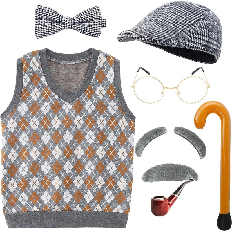 EBYTOP 100 Days Of School Old Man Costume for Kids Boys, 100th Day Dress up Accessories Grandpa Hat Glasses,Old Person Mustache and Eyebrows Cane Prop,8-10 Years - Image 1