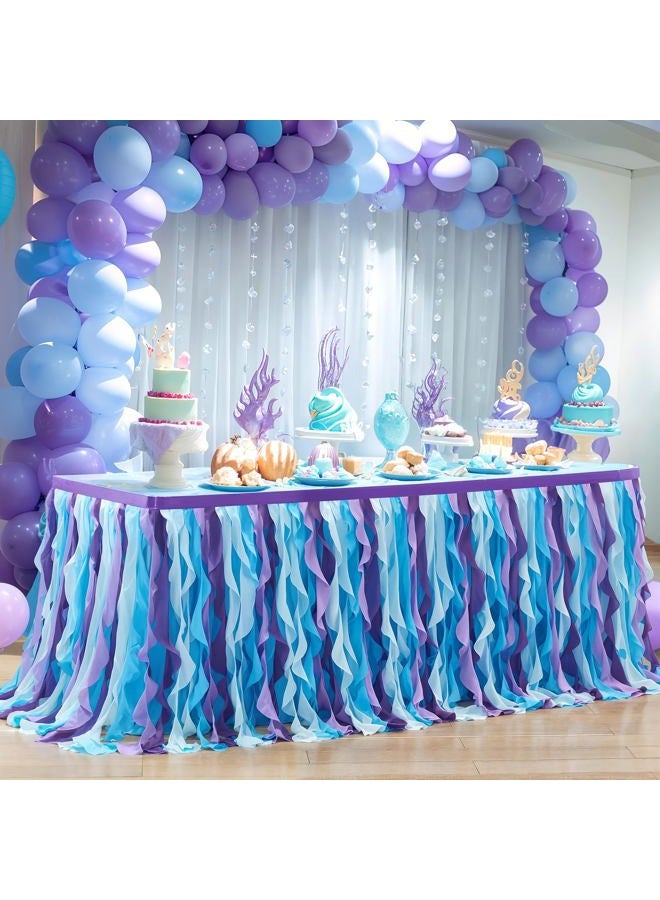 Partisky Mermaid Tulle Tutu Ruffle Curly Willow Table Skirt for Rectangle Table 6ft, Mermaid Themed Party Table Cloth for Girls Birthday Party or Baby Shower - Image 1
