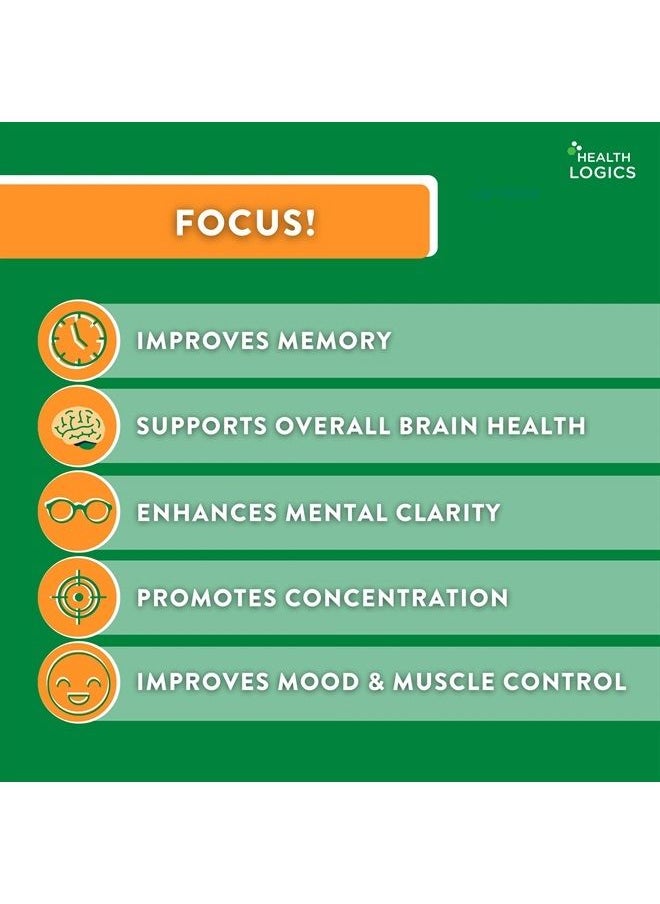 Health Logics Focus! - Brain Supplement for Memory, Clarity, Concentration with Choline, Ginkgo Biloba, Alpha GPC, Phosphatidylserine, Bacopa Monnieri l 60 Capsules l Non-GMO 