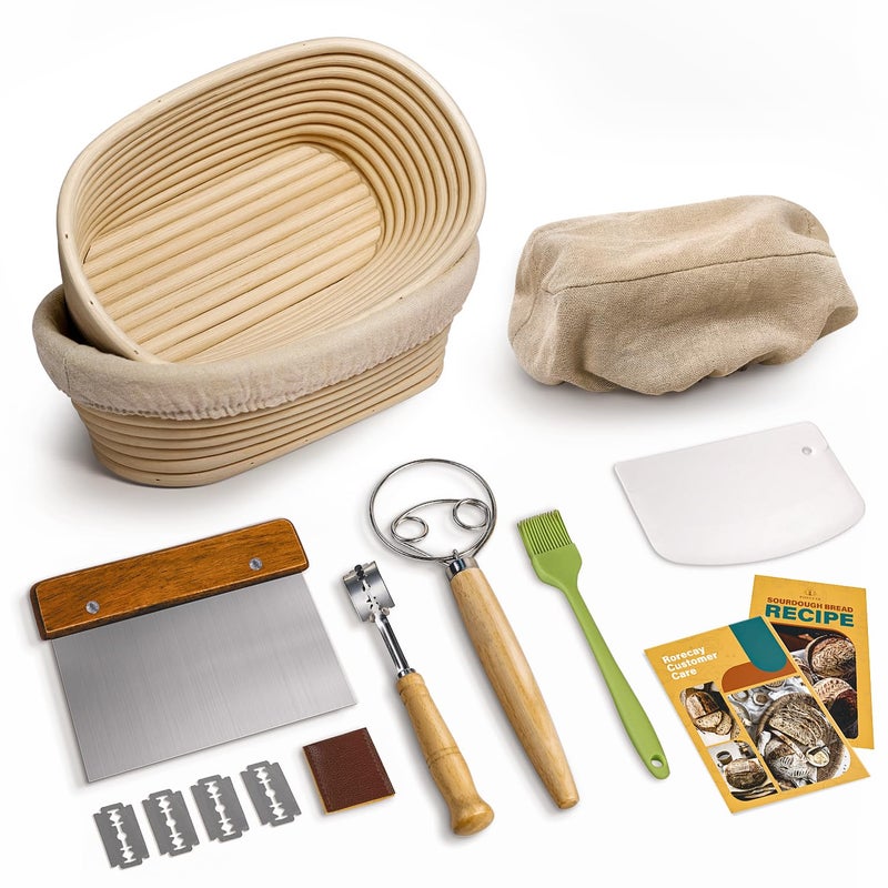Rorecay Banneton Bread Proofing Baskets Set of 2, 10 Inch Oval Cane Sourdough Bread Rising Basket Bowls with Sourdough Bread Lame Dough Scraper Basting Brush for Sour Dough Proofing Fermentation - Image 1