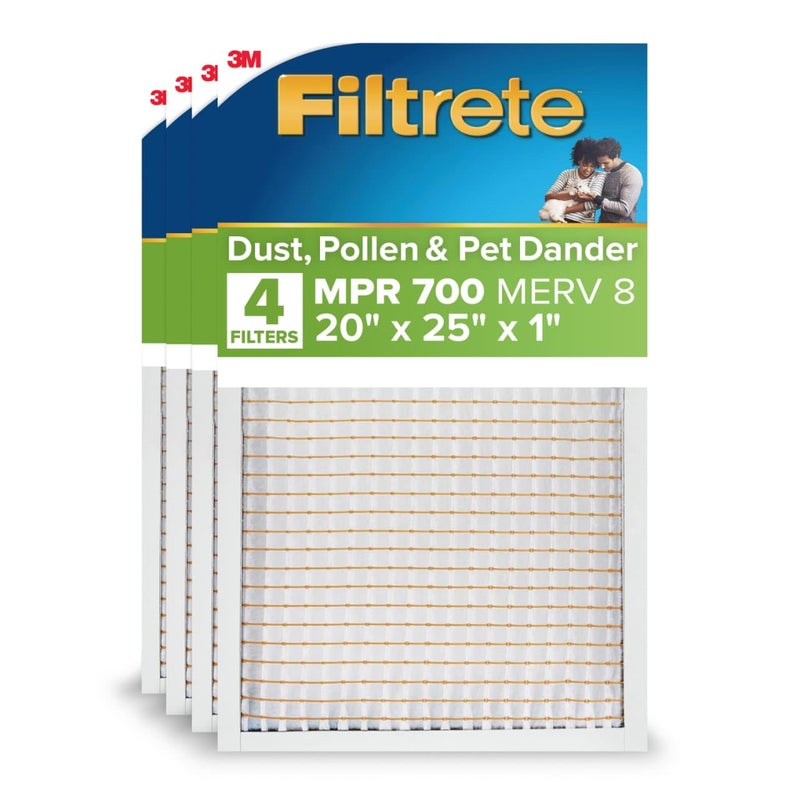 فلتر هواء مكيف فurnace Filtrete 20x25x1 MERV 8 MPR 700 قوي ضد حبوب اللقاح سهل على تدفق الهواء 3 أشهر مطوي 1 بوصة فلتر هواء كهربائي 4 عبوات الحجم الفعلي 19880 x 25563 x 08125 بوصة