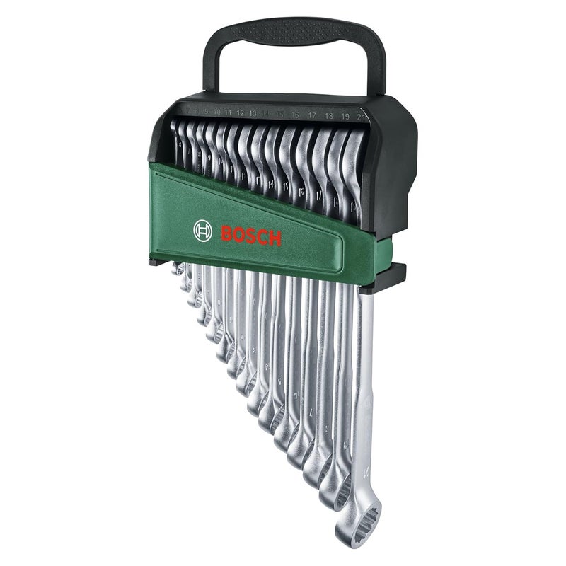 BOSCH 15-Piece Combination Wrench Set - Open-End & Ring Spanners, Sizes 6mm to 21mm, Chrome-Vanadium Steel with 60% Higher Torque than ISO Standard - Image 2