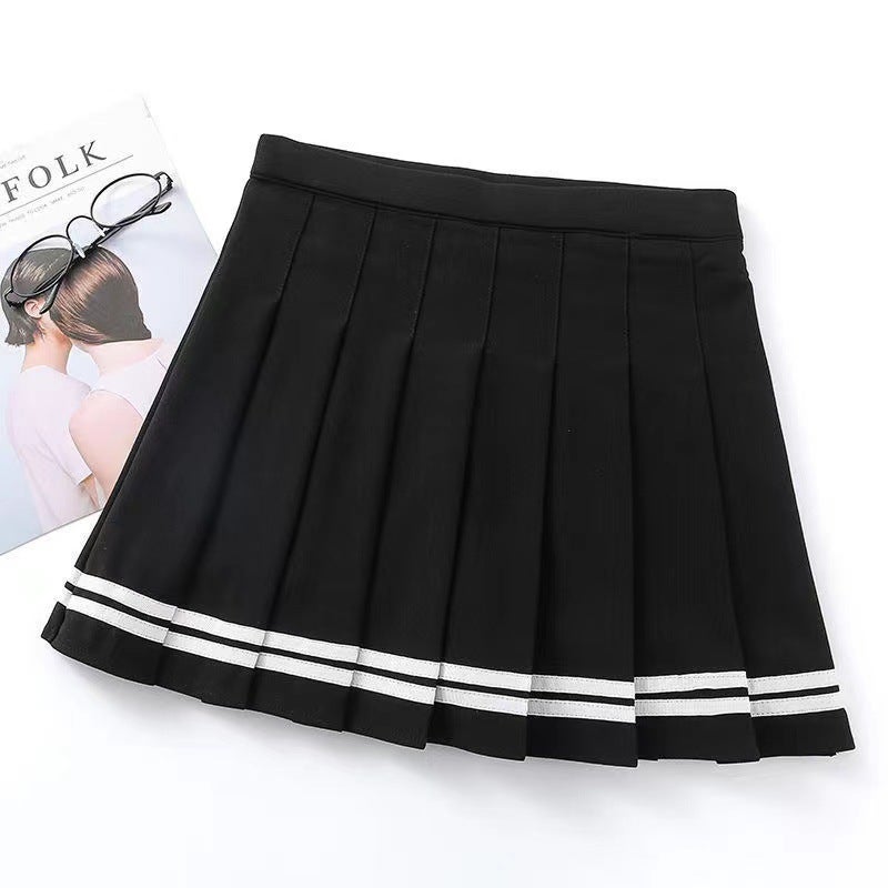 in stock high waist pleated skirt short skirt womens autumn skirt academic style Korean solid color anti-glare A- line skirt wholesale Black skirt with white stripes 
