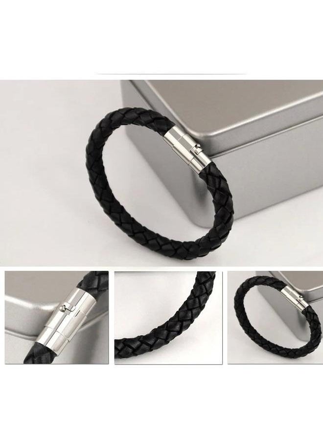 yongsheng Authentic Braided Black Leather Bracelet for Men ，Genuine Leather Bracelet with Stainless Steel Closure，Leather Punk Bracelet  - Image 2