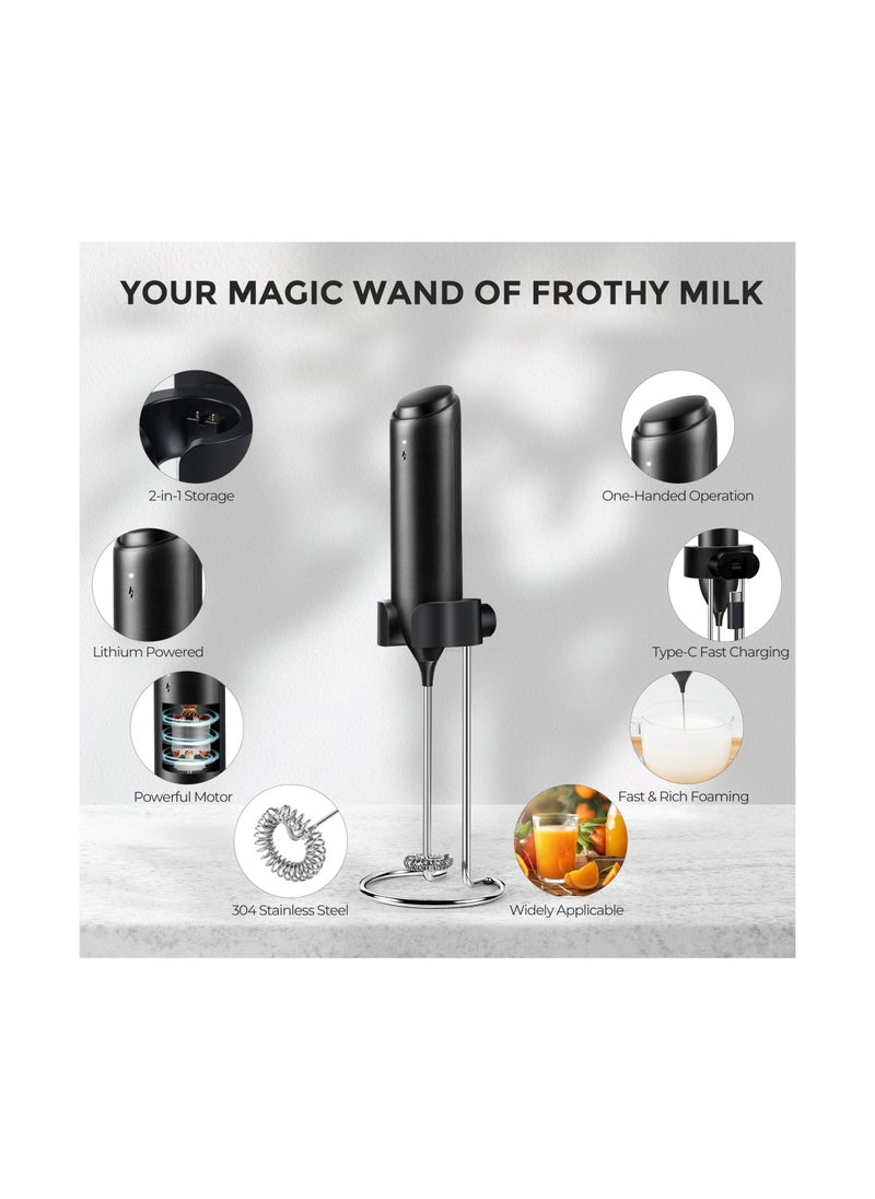 Rechargeable Handheld Milk Frother with USB-C Charging Stand, Electric Drink Mixer for Coffee and Matcha, Mini Whisk for Effortless Frothing and Blending.