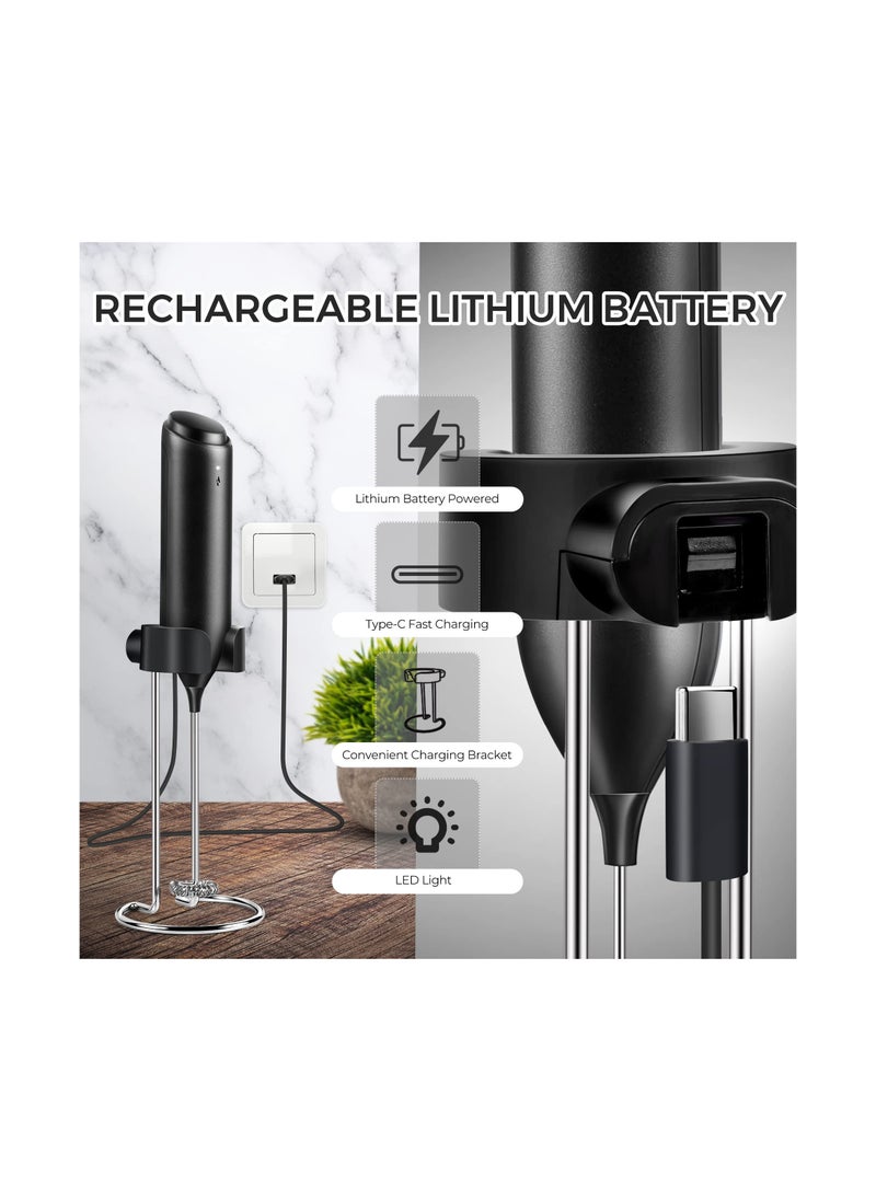 Rechargeable Handheld Milk Frother with USB-C Charging Stand, Electric Drink Mixer for Coffee and Matcha, Mini Whisk for Effortless Frothing and Blending.