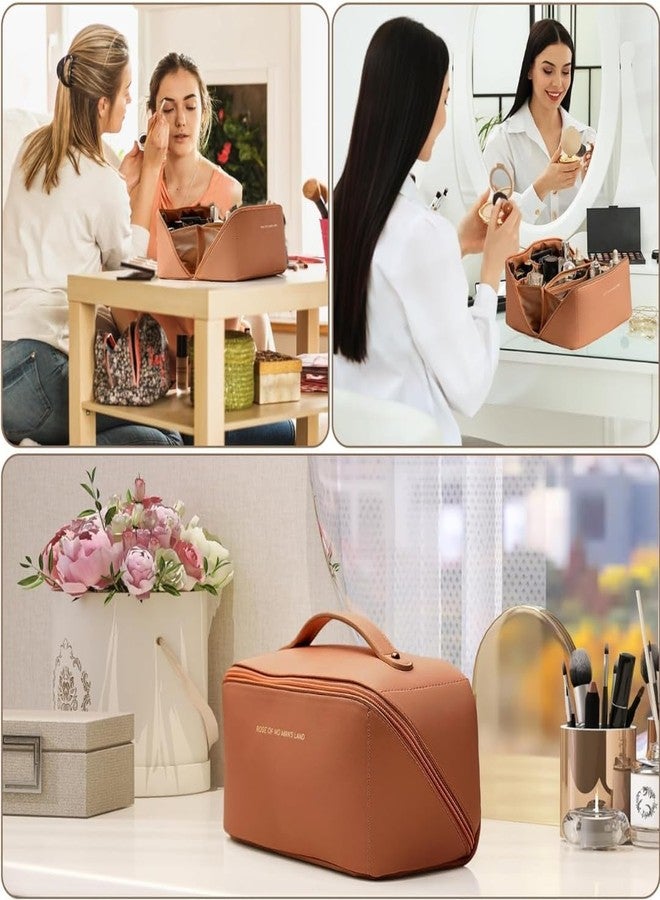 Kriva Export Leather Travel Cosmetic Makeup Pouches for Women Travel Organizer Bag Portable Pouch Open Flat Toiletry Bag Make Up Organizer with Divider and Handle (Brown) - Image 5