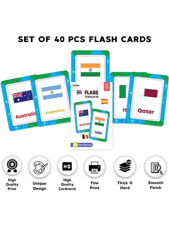 FESTIKO Festiko® 1 Set of 40 Pcs Flags Flash Cards, Countries Flag Flash Cards for Kids, Easy & Fun Way of Learning, Flashcards for Toddlers and Kids - Image 2
