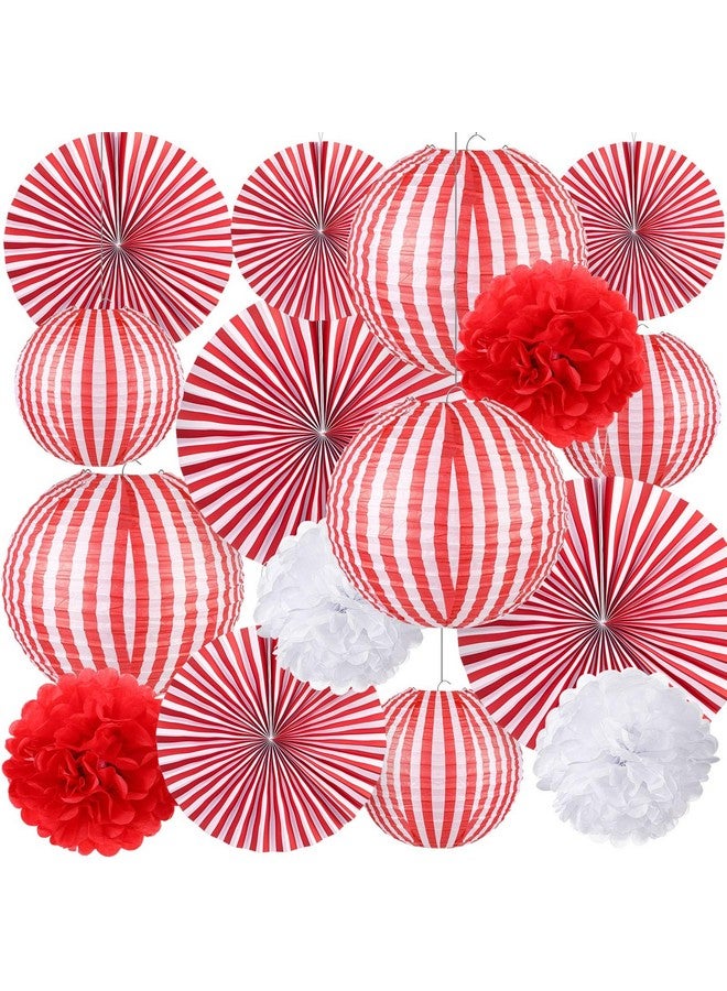 Hortsun 16 Pcs Carnival Circus Party Decorations Red and White Stripes Paper Lanterns Paper Fans Paper Flowers for Carnival Circus Birthday Baby Shower Christmas Halloween Decoration 8/12/16 Inch - Image 1