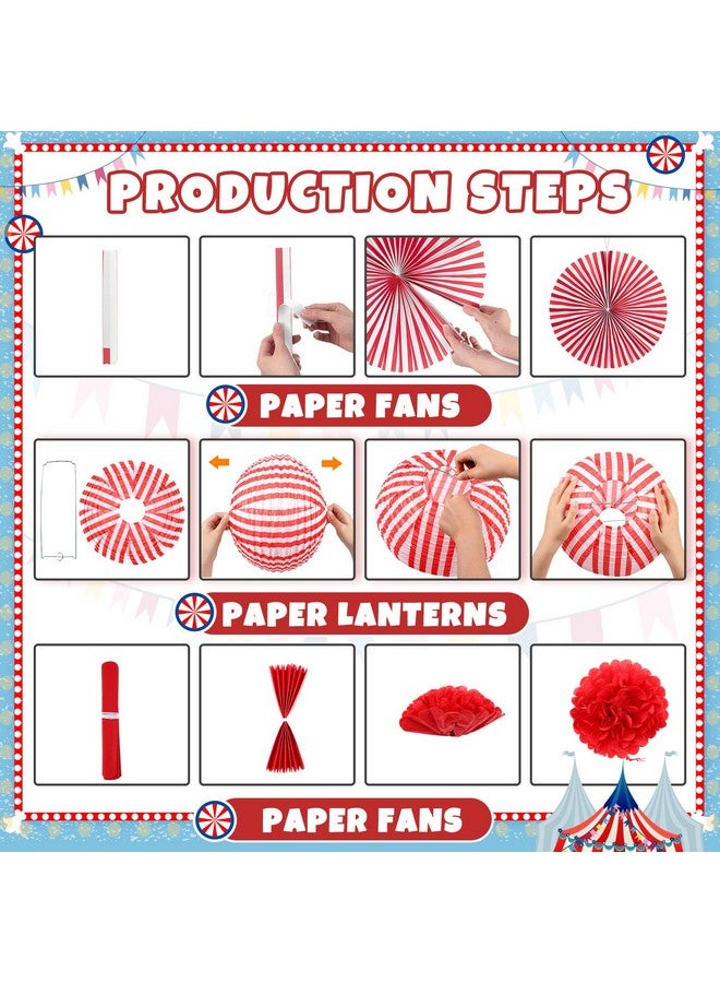 Hortsun 16 Pcs Carnival Circus Party Decorations Red and White Stripes Paper Lanterns Paper Fans Paper Flowers for Carnival Circus Birthday Baby Shower Christmas Halloween Decoration 8/12/16 Inch - Image 4