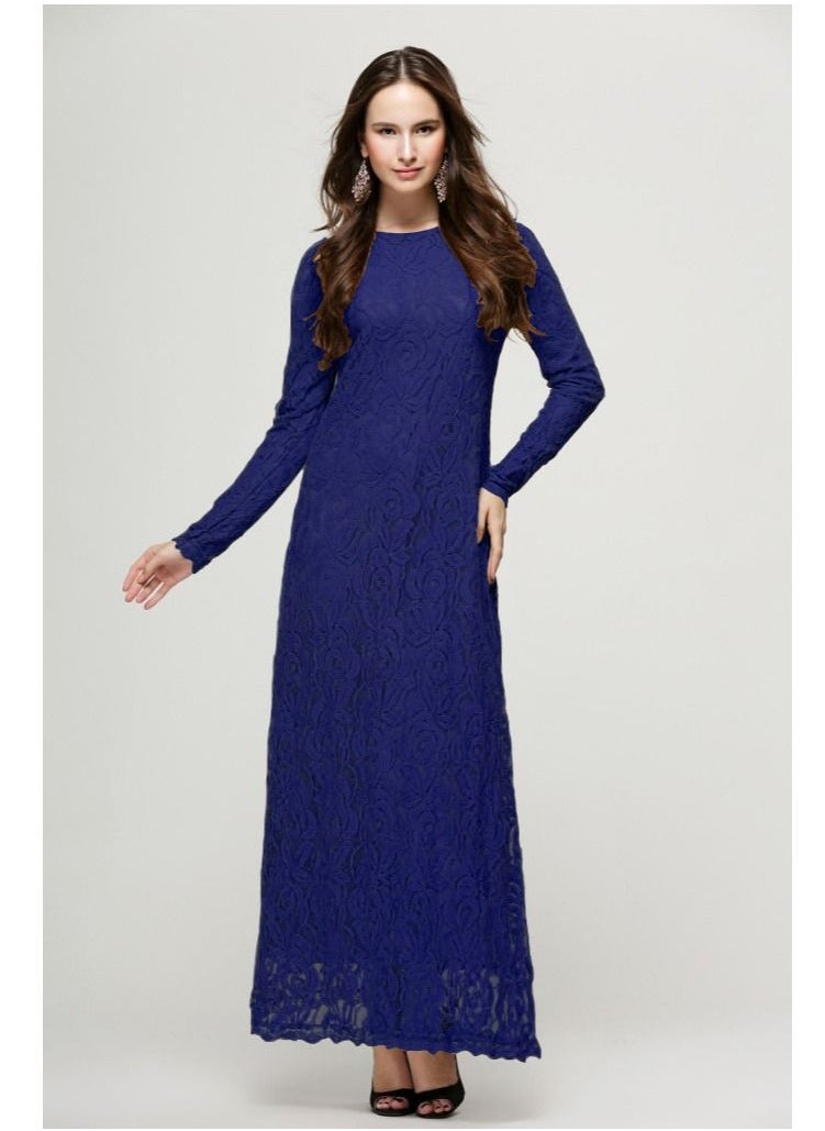 Loquat - Embroidered Net Long Sleeve Dress Blue - Image 1