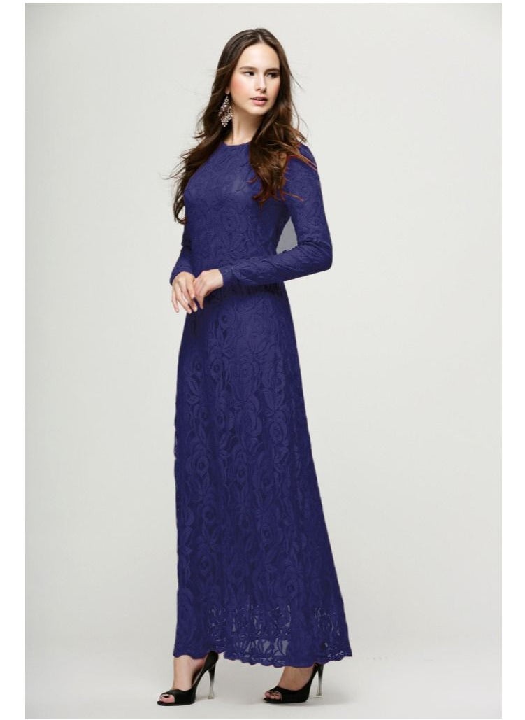 Loquat - Embroidered Net Long Sleeve Dress Blue - Image 1