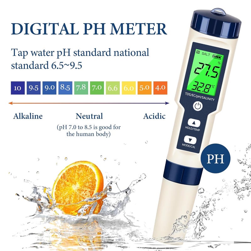 Rowyet PH Meter & TDS Meter Digital Water Tester 5 in 1 Salinity Tester PH Temp EC and TDS Meter,PH Meter for Water with LCD Backlit,Water Testing Kits for Drinking Water,Wine,Swimming Pool,Hot Tub Spas. - Image 4