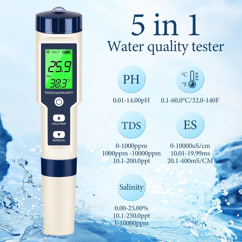 Rowyet PH Meter & TDS Meter Digital Water Tester 5 in 1 Salinity Tester PH Temp EC and TDS Meter,PH Meter for Water with LCD Backlit,Water Testing Kits for Drinking Water,Wine,Swimming Pool,Hot Tub Spas. - Image 3