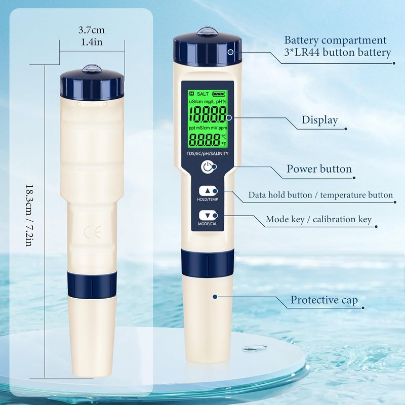 Rowyet PH Meter & TDS Meter Digital Water Tester 5 in 1 Salinity Tester PH Temp EC and TDS Meter,PH Meter for Water with LCD Backlit,Water Testing Kits for Drinking Water,Wine,Swimming Pool,Hot Tub Spas. - Image 5
