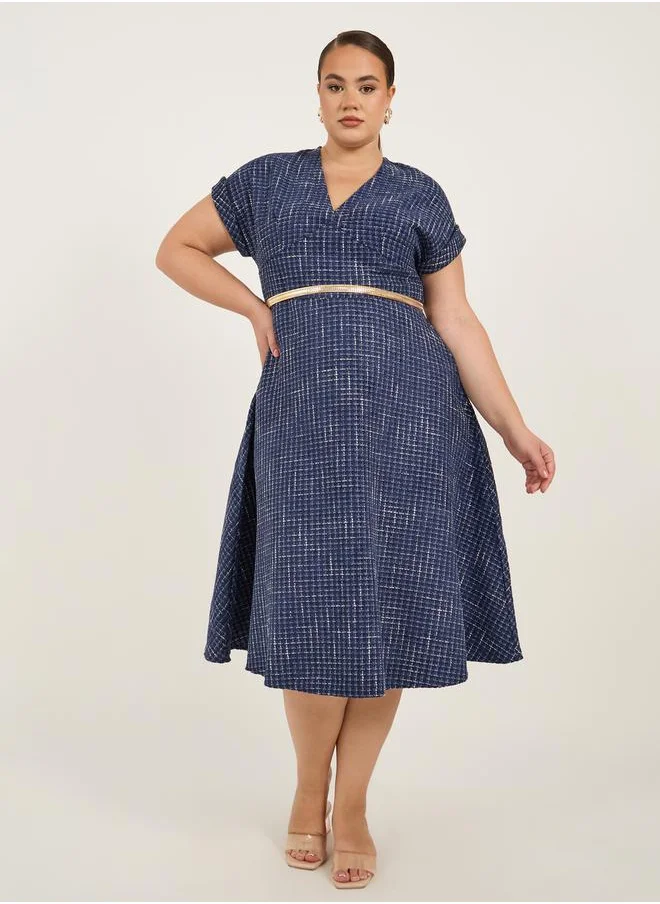 ستايلي Plus Size Short Sleeves A-Line Midi Dress with Chain Belt