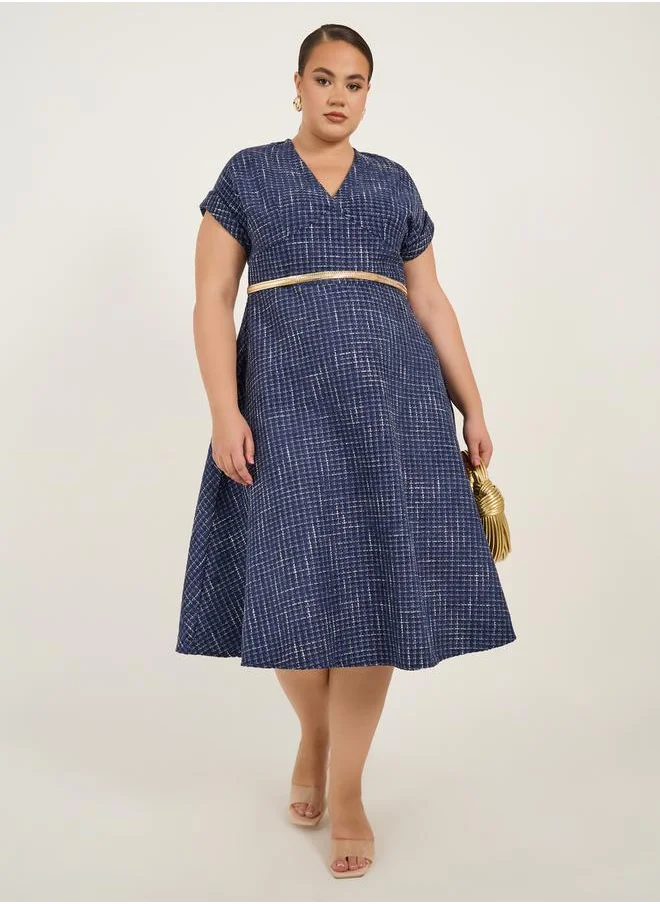 ستايلي Plus Size Short Sleeves A-Line Midi Dress with Chain Belt
