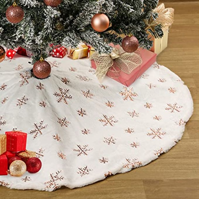 WHITE TREE SKIRT FAUX FUR ROSE GOLD SEQUIN TREE SKIRTS SMALL CHRISTMAS TREE SKIRT DECORATION 36INCH DOUBLE LAYERS TREE COVERS SHINY TREE FLOOR MATS FIREPLACE TREE SKIRTS FLUFFY TREE SKIRT