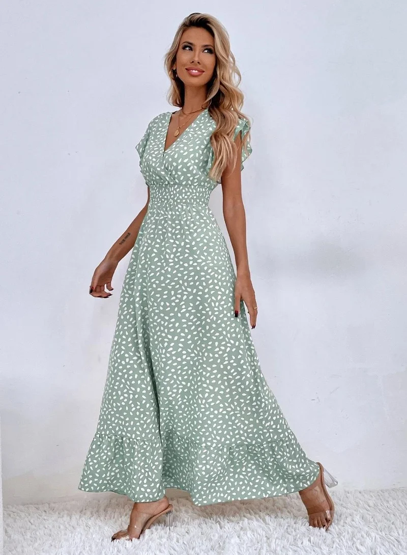 يونيكي Green Floral Print Flutter Sleeve Maxi Dress