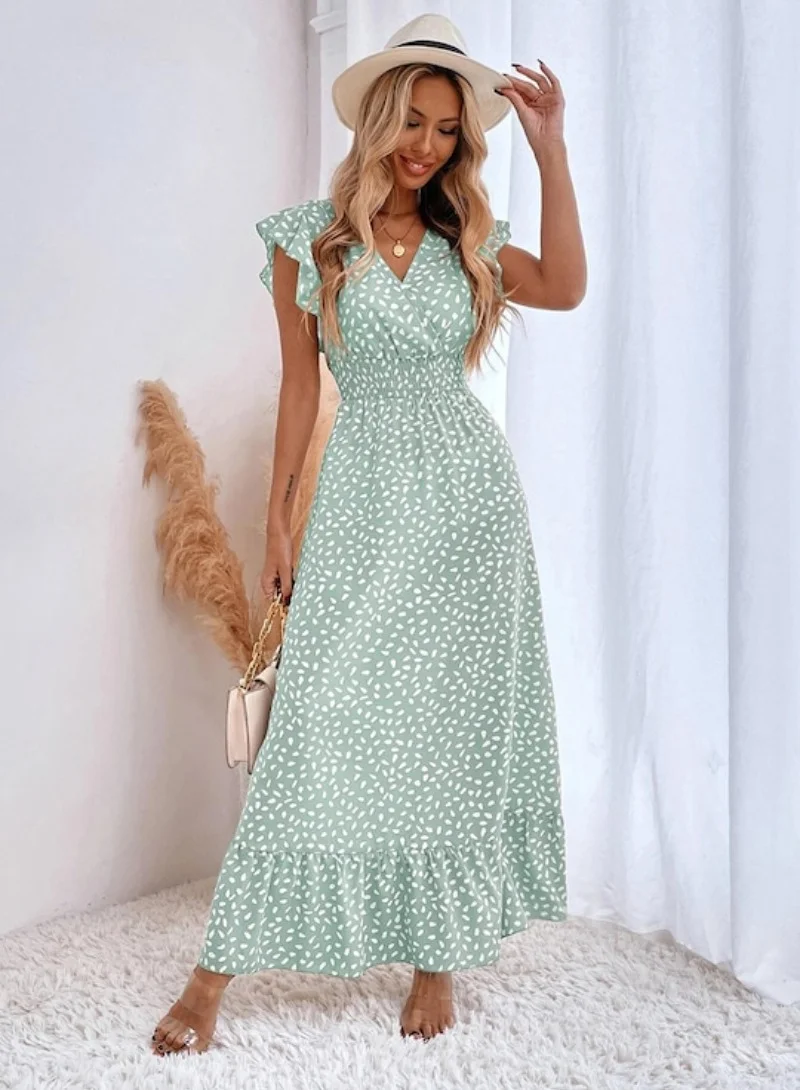 يونيكي Green Floral Print Flutter Sleeve Maxi Dress