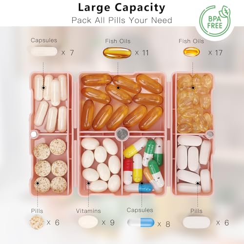 FYY Daily Pill Organizer, 7 Compartments Portable Pill Case Travel Pill Organizer,[Folding Design] Pill Box for Purse Pocket to Hold Vitamins,Cod Liver Oil,Supplements and Medication-Pink - Image 2