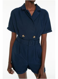 trendyol Navy Blue Belted Frog Collar Mini Woven Jumpsuit TWOSS19WX0112  - Image 3
