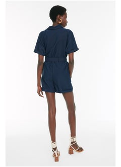 trendyol Navy Blue Belted Frog Collar Mini Woven Jumpsuit TWOSS19WX0112  - Image 5