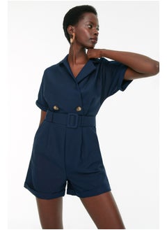 trendyol Navy Blue Belted Frog Collar Mini Woven Jumpsuit TWOSS19WX0112  - Image 2