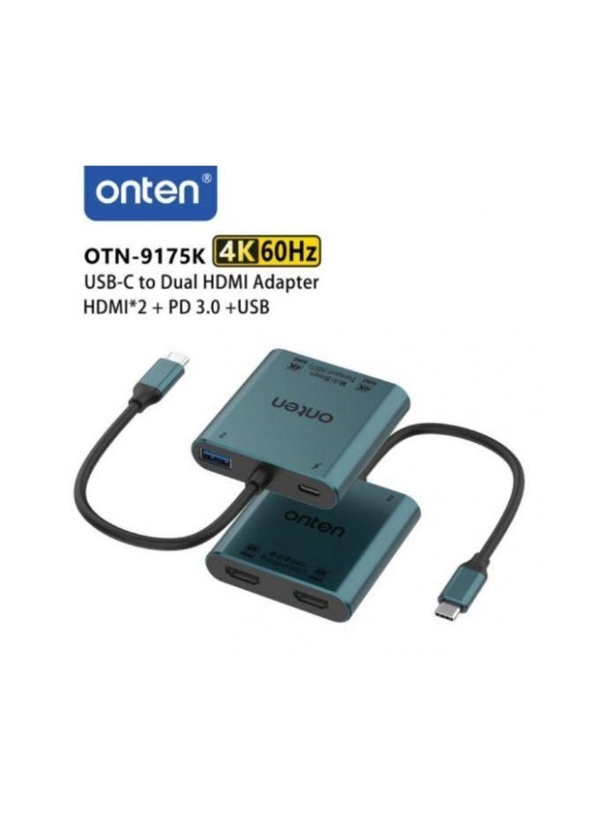 Onten OTN-9175K Multi-Stream Transport (MST) 4-in-1 USB-C to Dual HDMI Converter with (1xUSB-A + 1xUSB-C) - Green - Image 1