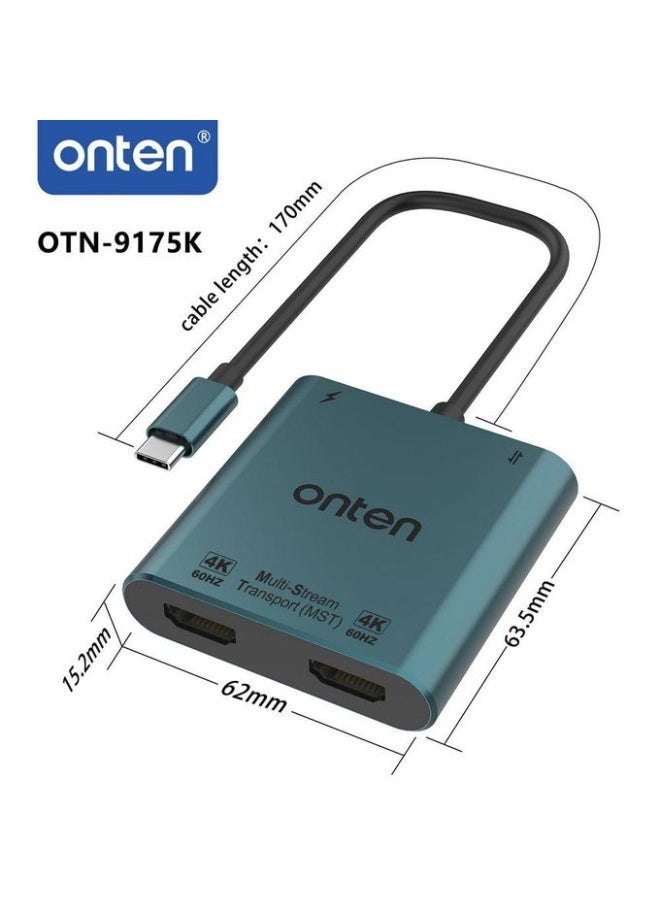 Onten OTN-9175K Multi-Stream Transport (MST) 4-in-1 USB-C to Dual HDMI Converter with (1xUSB-A + 1xUSB-C) - Green - Image 2
