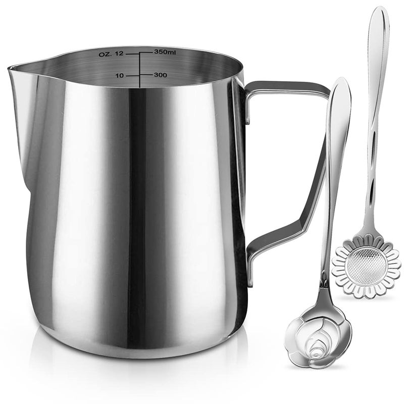 Milk Frothing Pitcher Cup 12oz350ML Milk Frother Cup Stainless Steel Steaming Pitcher Milk Jug Coffee Latte Art Cappuccino Espresso Machine Accessories Barista Steam Pitchers Attached Dessert Spoons