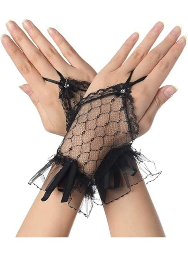 1 زوج من قفازات الدانتل ، قفازات شبكة الأسماك السوداء ، قفاز زفاف الدانتل الأسود ، تصميم الدانتل الرجعي ، ناعم وسلس ، للزفاف ، الخطوبة ، الحزب ، حفل الرفيع - Image 1