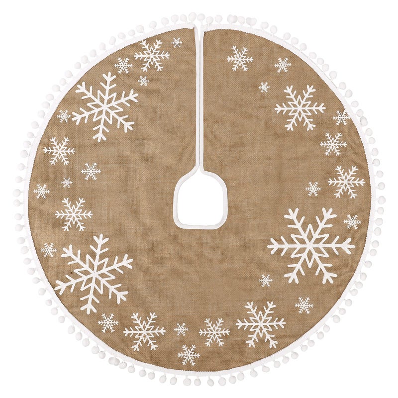 MACTING MACTING Christmas Tree Skirt 30 Inch Small Burlap Tree Mat with White Large Small Snowflake Patterns Pom Poms for Holiday Party Indoor Home Christmas Tree Decorations