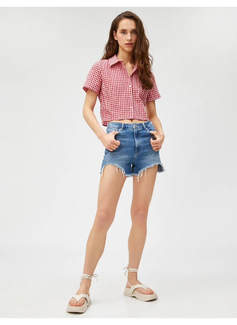 كوتون Crop Shirt Checked Short Sleeve Buttoned