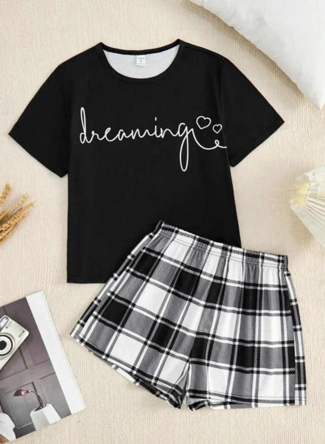 Take Two Black Slogan T-Shirt Plaid Shorts Set