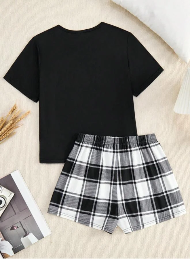 Take Two Black Slogan T-Shirt Plaid Shorts Set