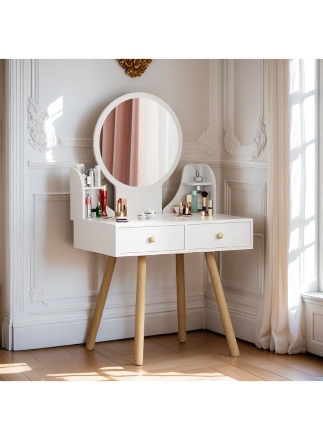 ACPLAY Makeup Vanity Table with Mirror and 2 Drawers, White Compact Dressing Table for Bedroom & Small Spaces, Modern Vanity Desk for Women & Girls - Image 1