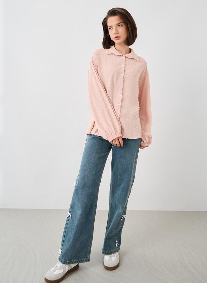 تايك تو قميص بأزرار وأكمام بالون منقوش - Image 2