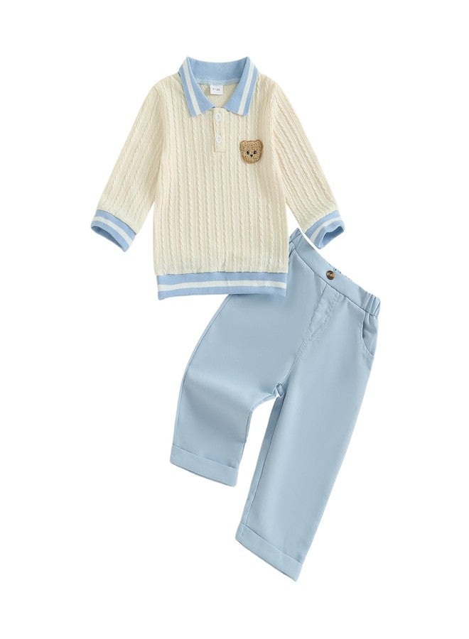 Giraropa Toddler Baby Boy Clothes Bear Embroidery Sweater Sweatshirt Long Sleeve Sweatsuit 2Pcs Pant Set Fall Winter Outfits (Blue, 18-24 Months) - Image 1