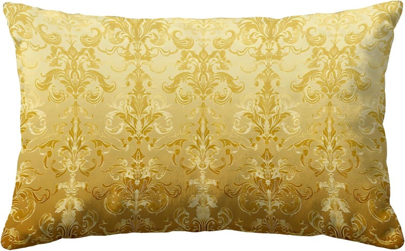 Identiy Vintage Golden Damask Floral Throw Pillow Cover 12x20 Inch Pack of 1, Gold Modern Flowers Decorative Pillow Case, Lumar Cushion Pillow Cover for Home Sofa Couch Indoor Outdoor - Image 1