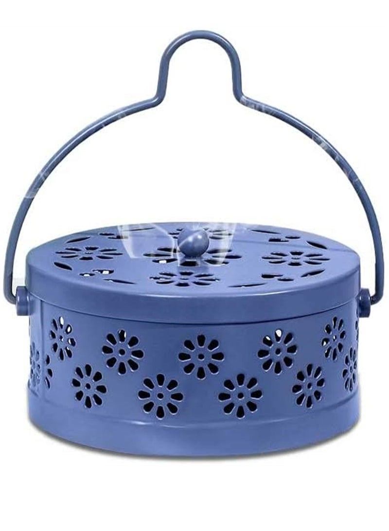 Portable Mosquito Coil Holder - Retro Plum Blossom Incense Tray Box, Sandalwood & Metal Burner with Handle for Home & Outdoor Use, Blue - Image 1