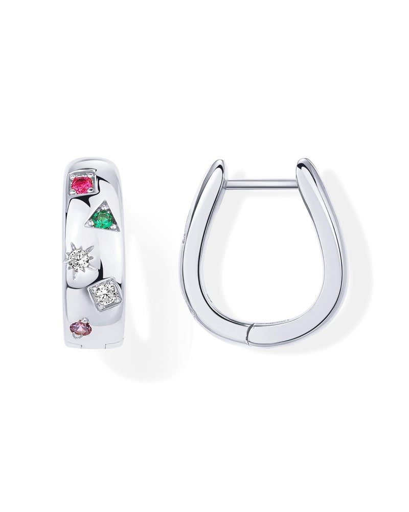 PAVOI Rhodium Plated 925 Sterling Silver Posts Chunky Huggie Earrings for Women | Multi-Colored Cubic Zirconia Statement Hoop Earrings - Image 1