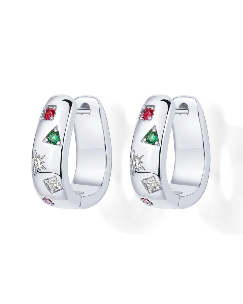 PAVOI Rhodium Plated 925 Sterling Silver Posts Chunky Huggie Earrings for Women | Multi-Colored Cubic Zirconia Statement Hoop Earrings - Image 3