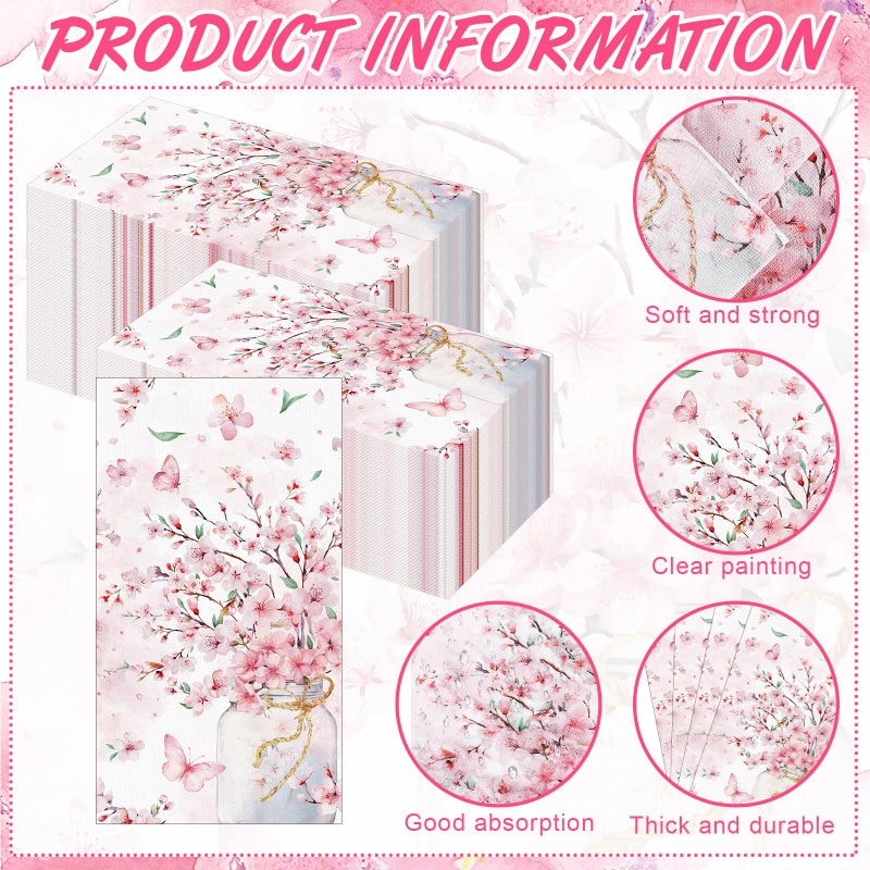 Janlaugh 100 Pcs Cherry Blossoms Paper Bathroom Hand Towels Summer Floral Disposable Guest Napkins Pink Paper Towel Decorative Cherry Floral Dinner Napkin for Wedding Bridal Birthday Party Decorations - Image 4