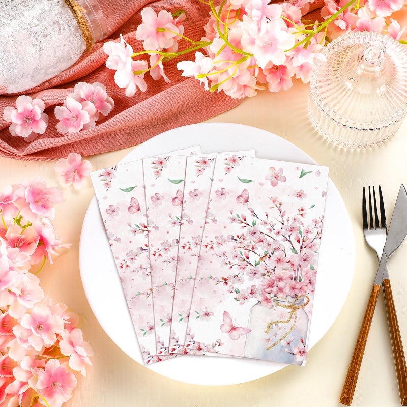 Janlaugh 100 Pcs Cherry Blossoms Paper Bathroom Hand Towels Summer Floral Disposable Guest Napkins Pink Paper Towel Decorative Cherry Floral Dinner Napkin for Wedding Bridal Birthday Party Decorations - Image 2