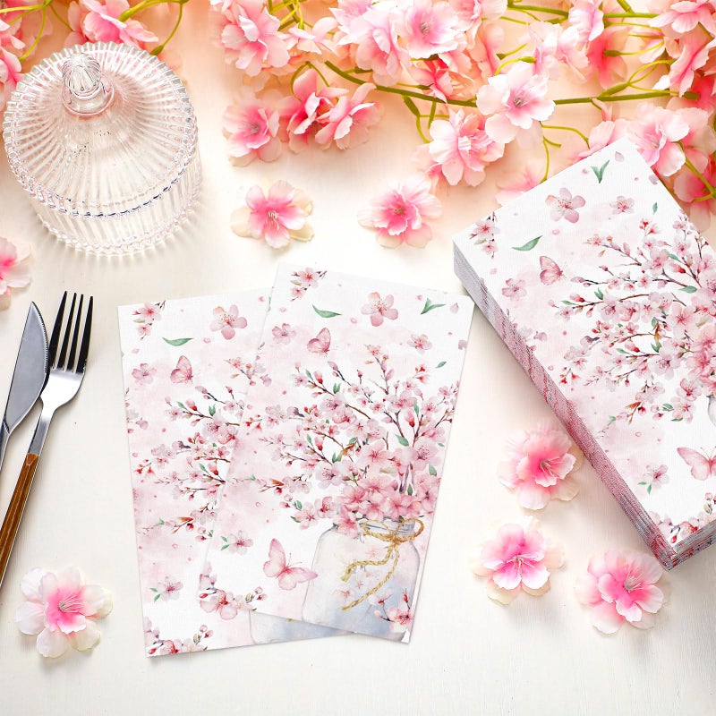 Janlaugh 100 Pcs Cherry Blossoms Paper Bathroom Hand Towels Summer Floral Disposable Guest Napkins Pink Paper Towel Decorative Cherry Floral Dinner Napkin for Wedding Bridal Birthday Party Decorations - Image 5