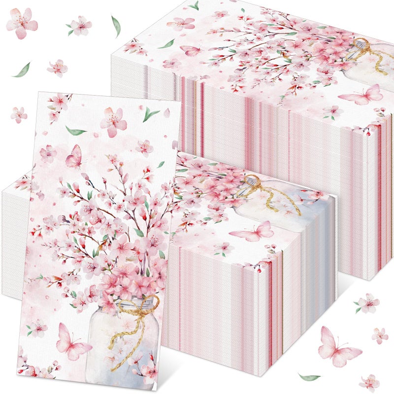 Janlaugh 100 Pcs Cherry Blossoms Paper Bathroom Hand Towels Summer Floral Disposable Guest Napkins Pink Paper Towel Decorative Cherry Floral Dinner Napkin for Wedding Bridal Birthday Party Decorations - Image 1