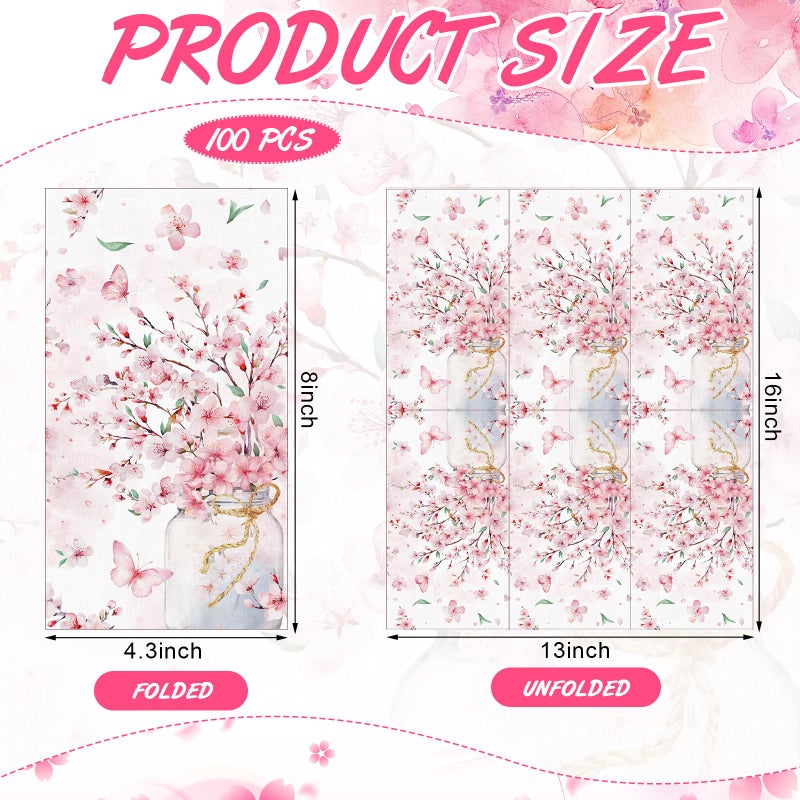 Janlaugh 100 Pcs Cherry Blossoms Paper Bathroom Hand Towels Summer Floral Disposable Guest Napkins Pink Paper Towel Decorative Cherry Floral Dinner Napkin for Wedding Bridal Birthday Party Decorations - Image 3